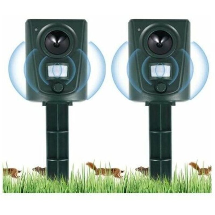 Repelent ultrasonic pentru pisici si caini, dispozitiv de alungare animale 2023, cu detector de miscare pana la 30 m, rezistent la intemperii, instalare cu tarus, functioneaza pe 3 x AA, verde