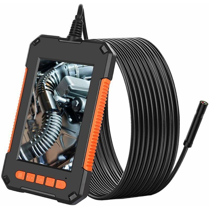 Endoscop industrial / camera de inspectie 1080P HD, ecran 4.3 inch LCD, sonda 8 mm, IP67 impermeabil, 8 LED reglabile, baterie 2600 mAh autonomie 4-5 h, Negru/Portocaliu, 1 buc
