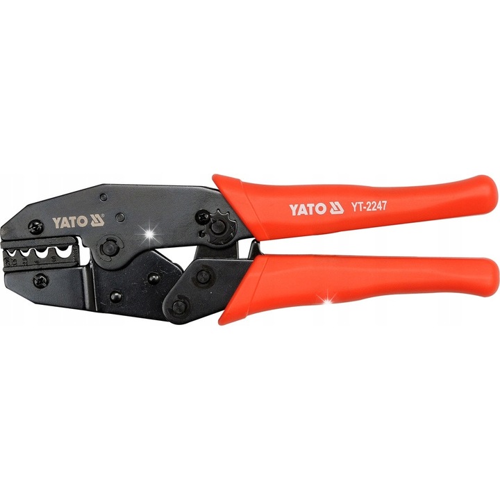 Cleste sertizor Yato YT-2247 pentru conectori 1,5-10 mm², cu mecanism cu clichet si reglare a fortei, suprafata neagra anticoroziva, rosu/negru, 220 mm