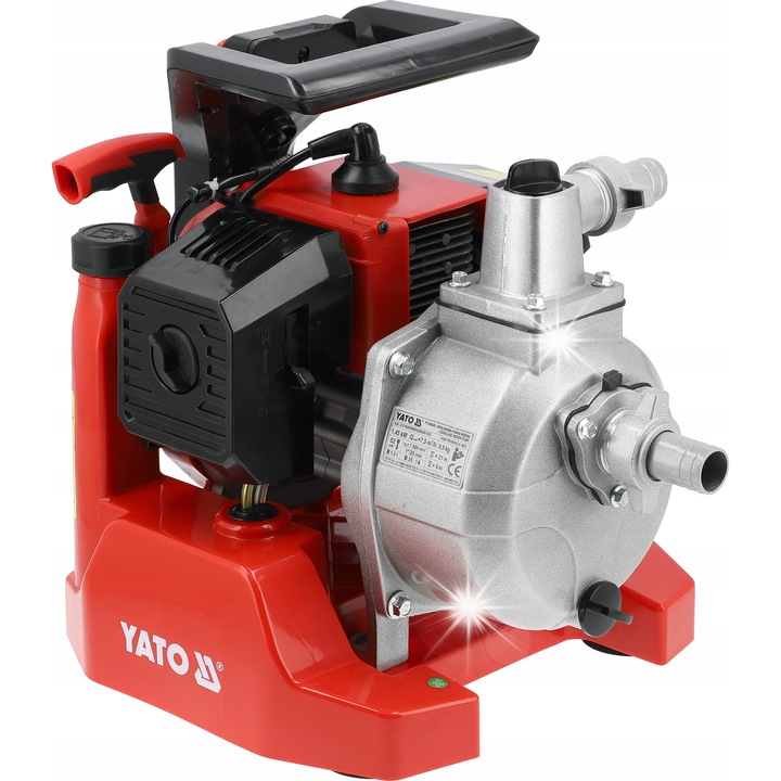 Водна помпа Yato YT-85420, бензинова, 2-тактов двигател 52 cm³, дебит 7,5 m³/h, макс. напор 21 m, връзка 1'' (25 mm), червено/сребристо, резервоар за гориво 1,2 l