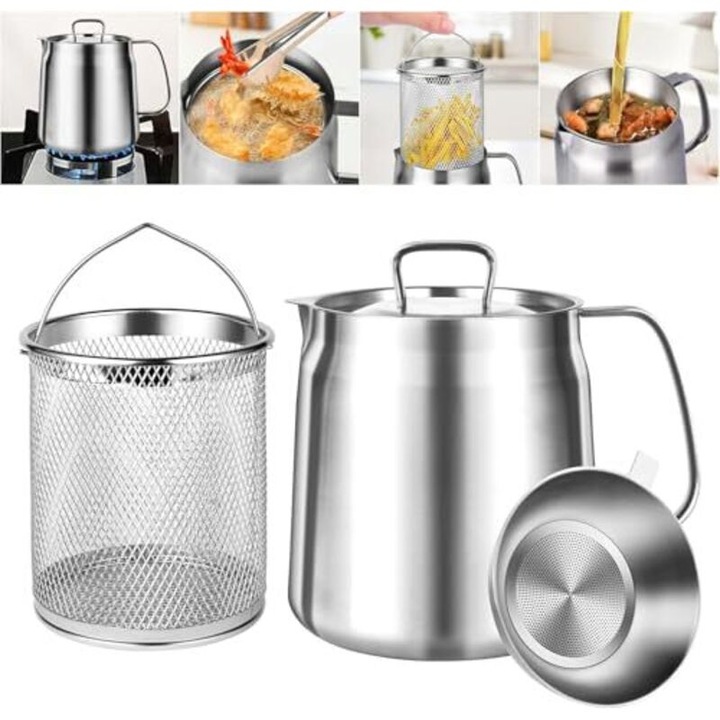Recipient filtru ulei inox 2L cu strecuratoare si cos prajit, capacitate mare, argintiu