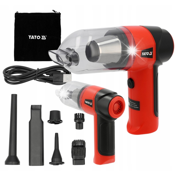 Yato YT-85687 autós porszívó, hordozható 2 az 1-ben (szívás és fújás), 70W, 12 kPa, HEPA szűrő, 2000 mAh akkumulátor, USB 5V töltés, Piros/Fekete, 1 db