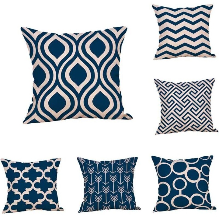 Set 6 fete de perna decorative, microfibra (poliester, bumbac si in), cu fermoar ascuns si print pe ambele parti, 45 x 45 cm, Bleumarin/modele aleatorii