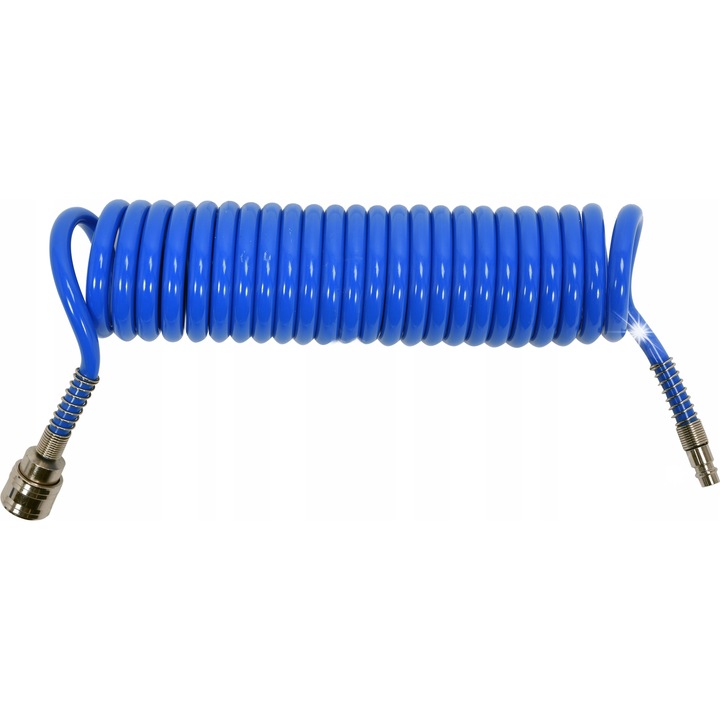 Furtun spiralat pneumatic Yato YT-24204 din poliuretan PU, 6,5x10 mm, cu cuple rapide 1/4, albastru, 5 m