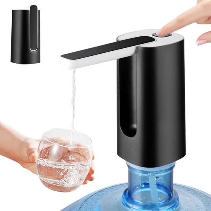 Pompa dozator apa electrica portabila, compatibila bidoane 2-5 gal, incarcare USB, ecran tactil cu set volum si oprire automata, baterie 1200mAh reincarcabila, pliabila si silentioasa, negru, 5 gal