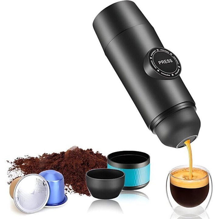 Espressor electric portabil, mini, fara fir, recipient 2-in-1, pompa 8-15 bar, preparare automata, compatibil cafea macinata si capsule, Negru, 90ml