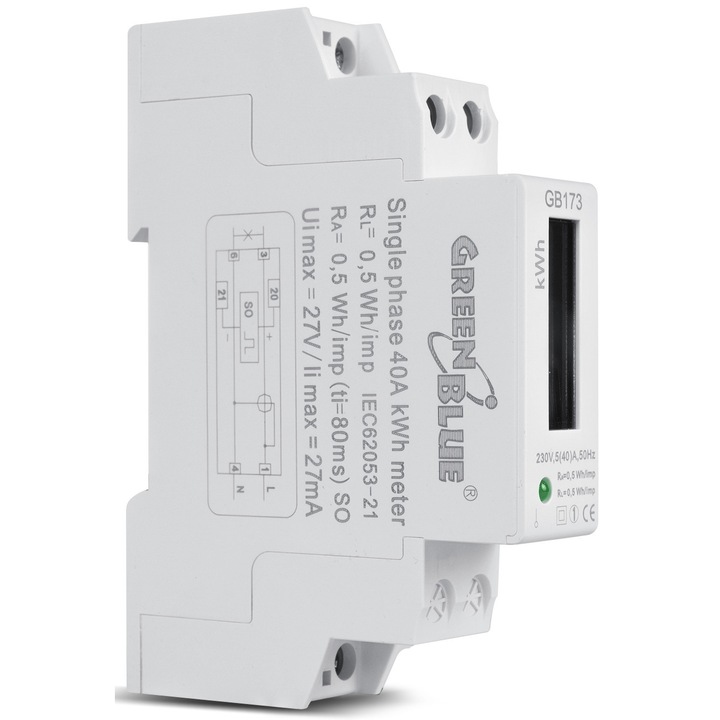 Електромер еднофазен GreenBlue GB173, 230 V AC, 32 A (60 A), 1600 имп/kWh, 6+1 дисплей, монтаж на DIN шина 35 мм, бял, 1 бр