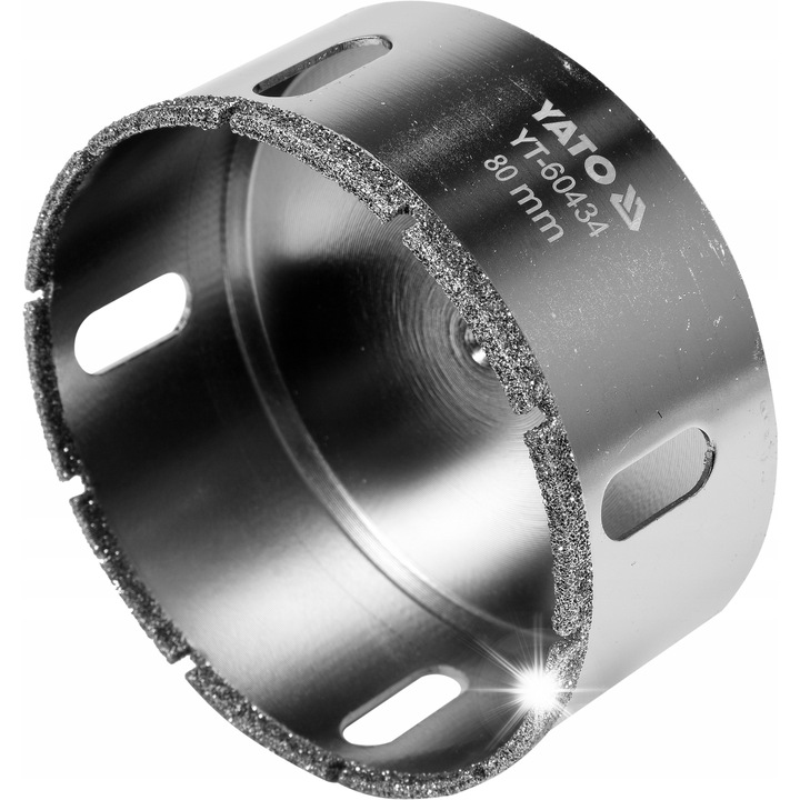Corona diamantata Yato YT-60434 pentru gresie si ceramica, cu strat diamantat galvanizat, pentru uscat si umed, orificiu lateral pentru racire, argintiu, 80 mm