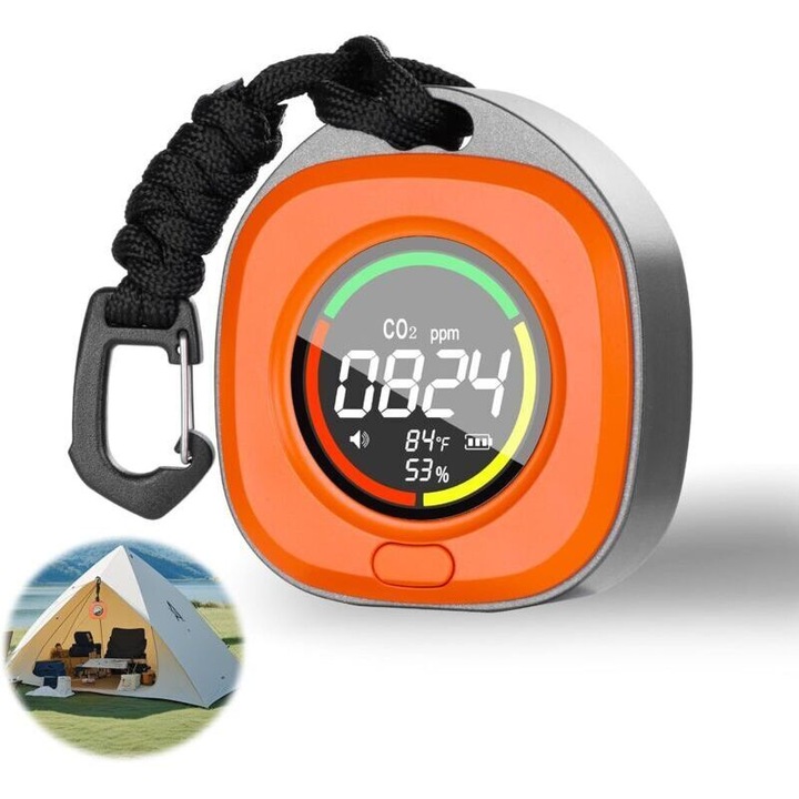 Detector CO2 portabil, monitor calitate aer cu senzor NDIR, afisaj LCD, alarma reglabila, baterie 1000mAh, Portocaliu, 1 buc