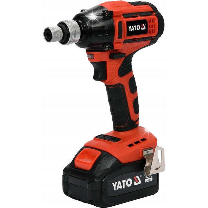 Cheie cu impact Yato YT-82802, fara perii, 250 Nm cu 3 trepte, adaptor 1/2"-1/4", acumulator Li-Ion 18V 3Ah, rosu/negru, Set