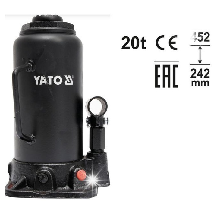 Cric hidraulic butelie Yato YT-17007, 20t, ridicare 242-452 mm, cu sistem de valve, negru