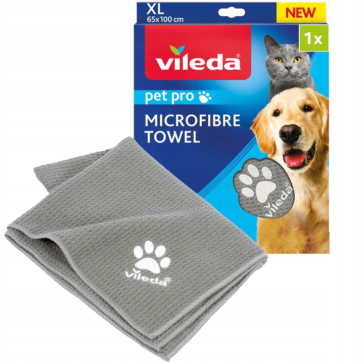 Кърпа за домашни любимци Vileda Pet Pro, микрофибър с текстура на пчелна пита, бързосъхнеща, пере се на 60°C, Сива, 65x100 см