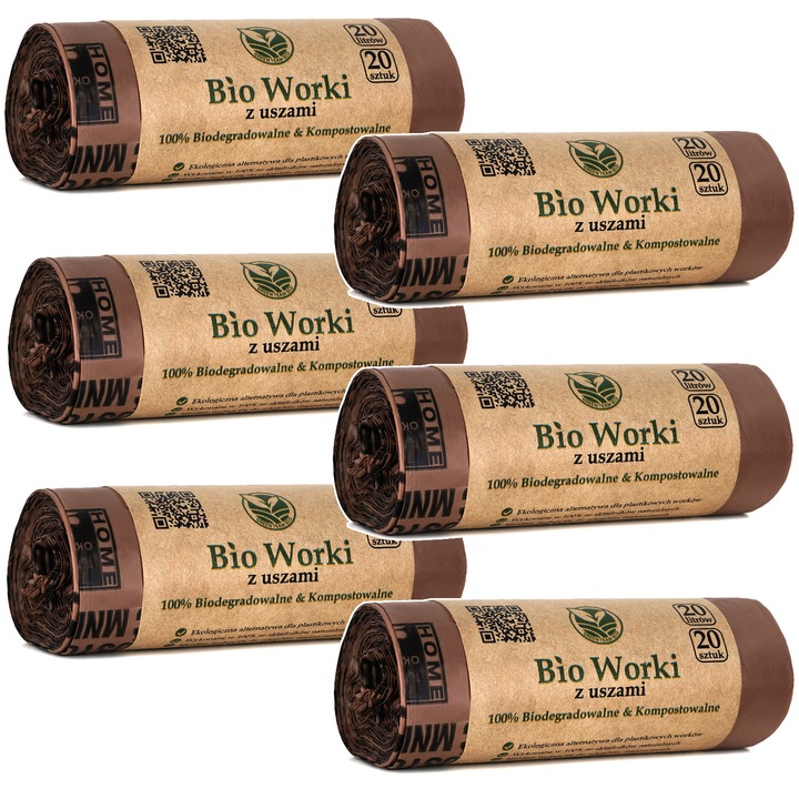 Szemeteszsákok / zsákok Sipeko Mas-BIO P3 biológiailag lebomló és komposztálható, fülekkel, ok compost home tanúsítvánnyal, EN 13432, barna, 6 x 20 db, 20 l