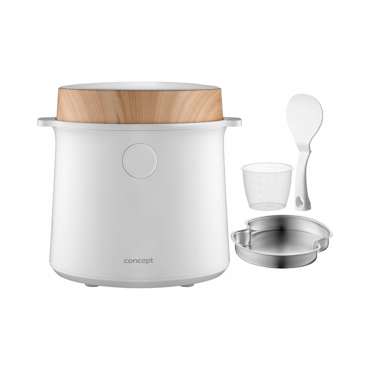 Уред за готвене на ориз/rice cooker Concept RE3030, 9 програми, LED тъч дисплей, готвене на пара, незалепващ съд, бял с елементи имитация на дърво, 1,5 л