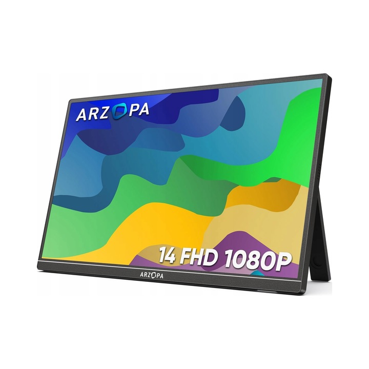 Monitor portabil Arzopa A1 GAMUT, 14" Full HD 1920x1080 IPS 60Hz, HDR, difuzoare incorporate 1W x2, Type-C/Mini HDMI, Negru, 1 buc