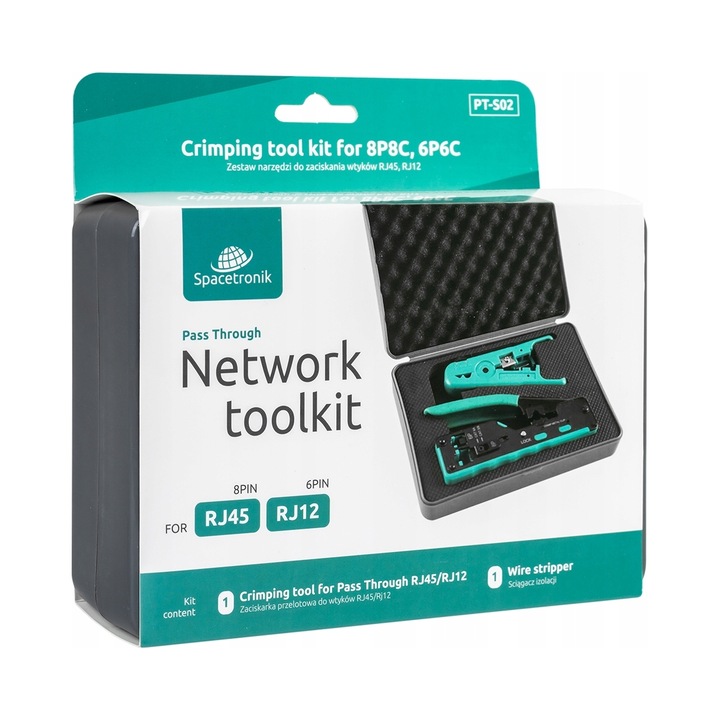 Set scule Spacetronik PT-S02, cleste de sertizat pass-through RJ45/RJ12/RJ11, dezizolator cablu, compatibil CAT5-CAT7, blocaj anti-deschidere, verde/negru, 1 set