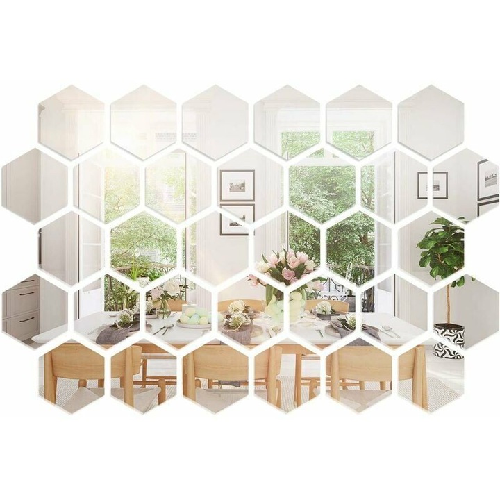 Set oglinzi acrilice hexagonale, flexibile, autoadezive si detasabile, argintiu, 36 bucati, 10 x 8.6 cm fiecare