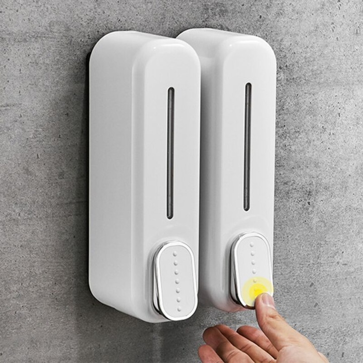 Dozator de sapun manual/dispenser ABS, cu fereastra transparenta si buton mare, montare pe perete, alb, 300ml