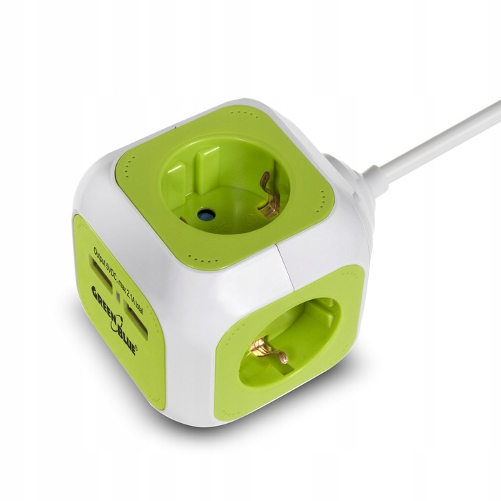 Prelungitor electric GreenBlue Magic Cube, multipriza 4 prize cu impamantare, 2 porturi USB 5V/2.1A, 3500W max, alb/verde, cablu 1.4m
