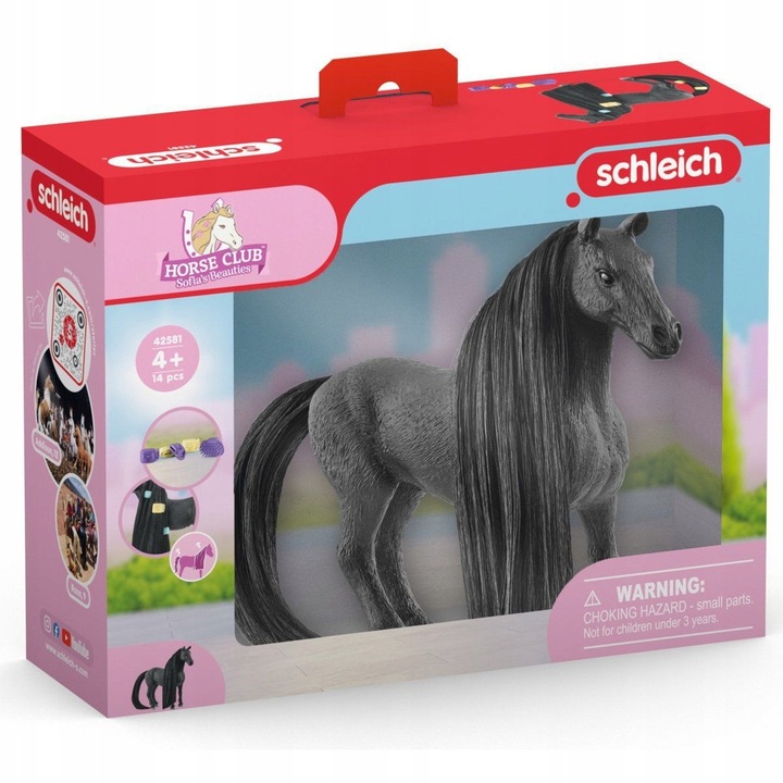 Schleich Criollo Definitivo ló figura 42581, fésülhető sörénnyel és farokkal, haj kiegészítőkkel (hajcsat, gyöngyök, kefe), fekete, 14 darab