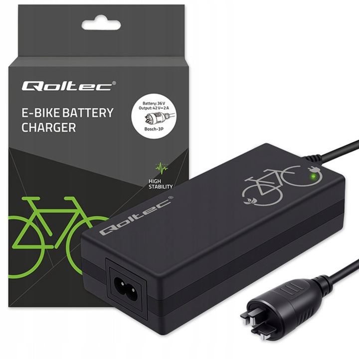 Зарядно за електровелосипед Qoltec 36V/42V 2A Bosch 3Pin, 84W, със защити cc/cv otp/ovp/ocp/scp, ip54, LED индикатор за състояние, черно, 1 бр.