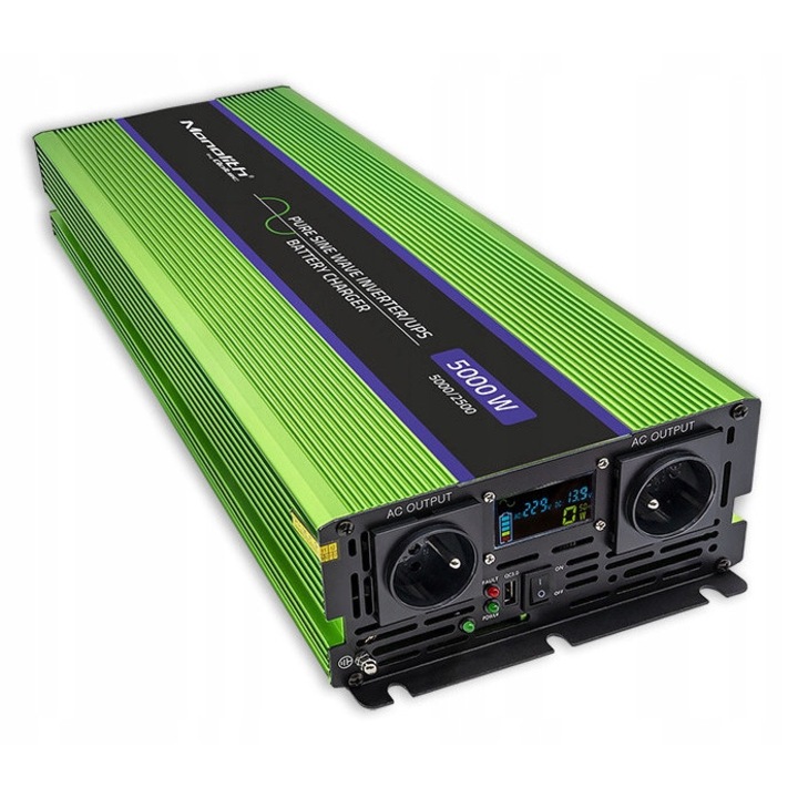 Инвертор за напрежение Qoltec 2500W 5000W UPS чист синус зелен 210x515x90mm