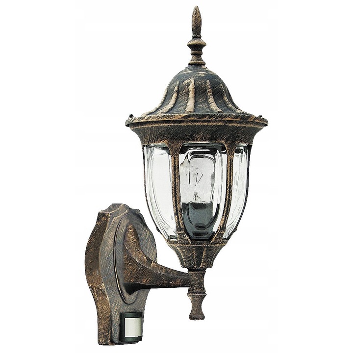 Aplica exterior Rabalux Milano, senzor miscare, auriu antic, 22x16.5x41cm