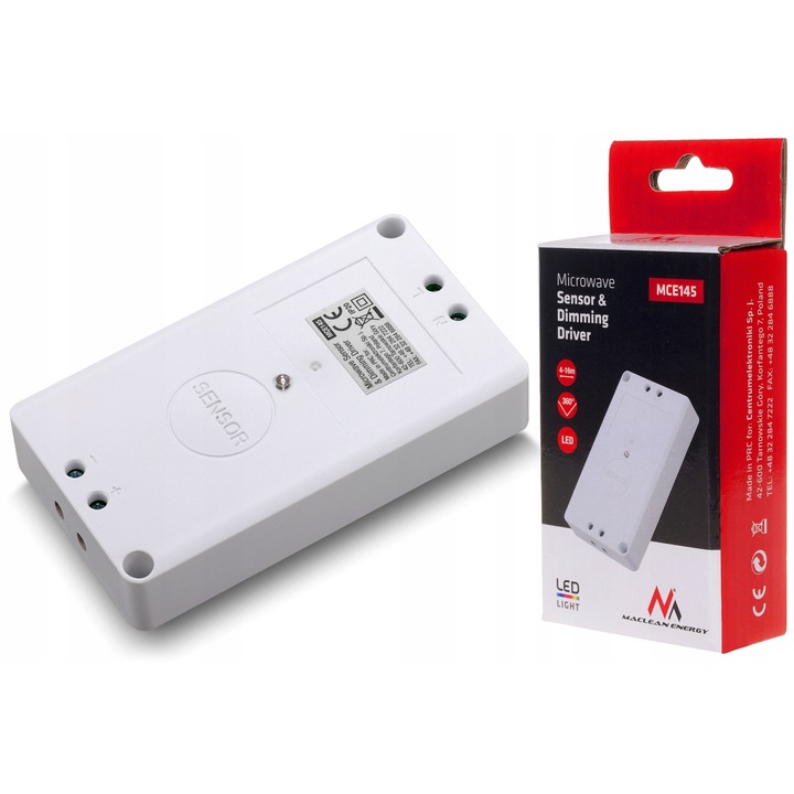 Сензор за движение Maclean MCE145, микровълнов 5.8GHz с димер за LED, детекция 2-8 м, ъгъл 360°, Бял