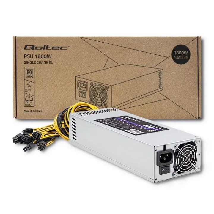 Sursa de alimentare Qoltec GM PCI-E 1800W, 80 Plus Platinum, pentru gaming si mining, racire activa cu ventilator, Argintiu
