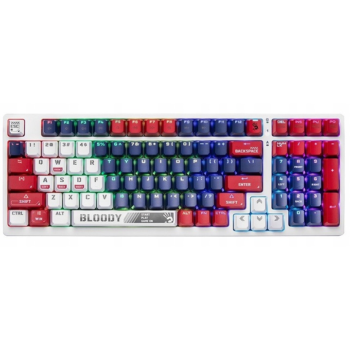 A4Tech BLOODY S98 Sports Navy mechanikus billentyűzet, BLMS Red hot-swap (3/5-tűs kompatibilis), RGB 16.8M szín, Többszínű, 98 billentyű