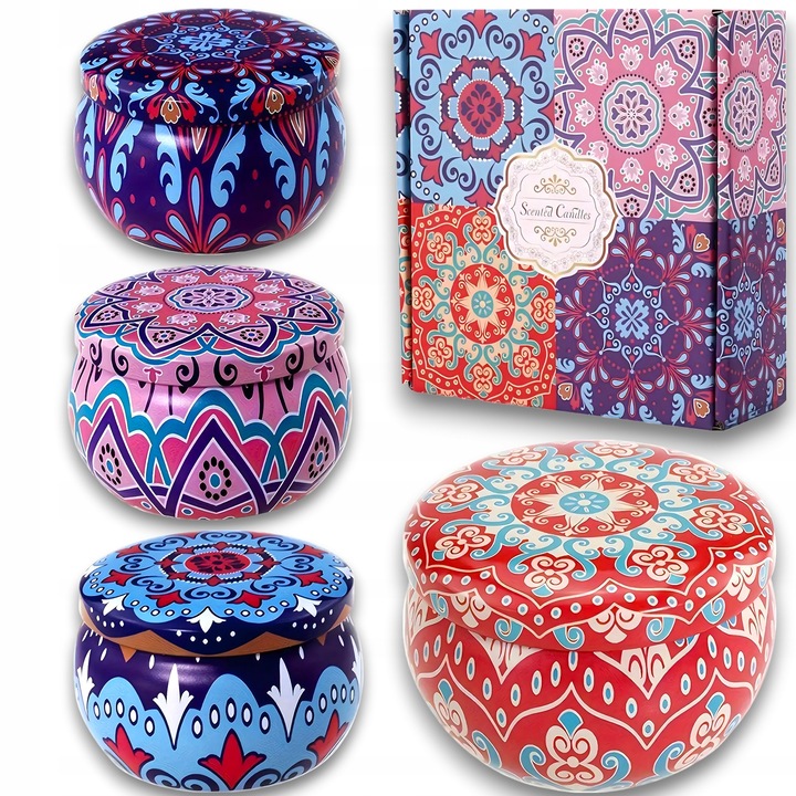 Комплект от 4 ароматни соеви свещи Scented Candle, цитрус лавандула жасмин ванилия, 6x6x4см, подаръчна кутия