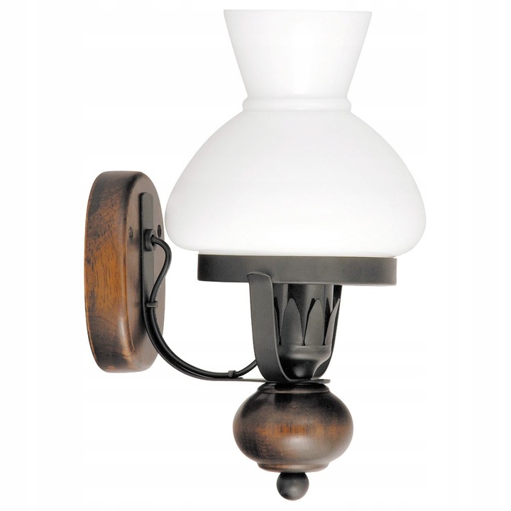 Lampa de perete Rabalux Petronel 7077, din metal si lemn, abajur din sticla opalizata, soclu E27, negru mat/alb opal, 1 buc.