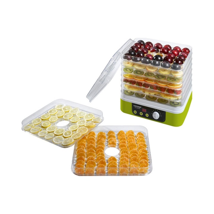 Deshidrator/uscator fructe si legume Concept SO-1060, temperatura reglabila 35-70°C, timer digital, ventilator pentru uscare uniforma, verde/alb, 9 situri 31.3x25.5 cm, 245 W