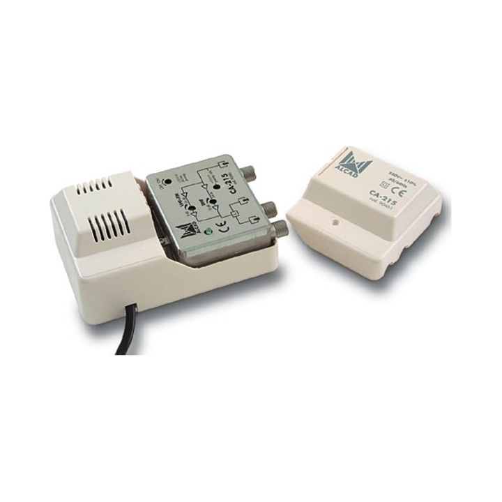 Усилвател за антена Alcad CA-215, многолентов VHF/UHF за DVB-T и DAB, усилване 24/22 dB, захранване 230V AC с 12V за предусилватели, Бял