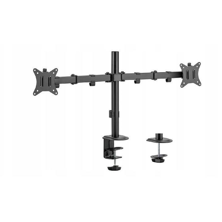 Maclean MC-754N asztali tartó 2 monitorhoz, 17-32'', 2 x 9 kg kapacitás, VESA 75x75/100x100, ±45° döntés és ±180° forgatás, bilincses/furatos rögzítés, Fekete