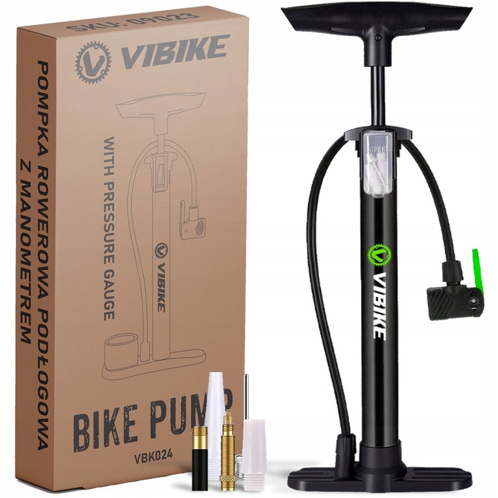 Помпа за под на велосипед Vibike VBK024, с манометър, от алуминий и пластмаса, съвместима с Presta/Schrader/Dunlop, до 140 PSI, черна, 1 бр.