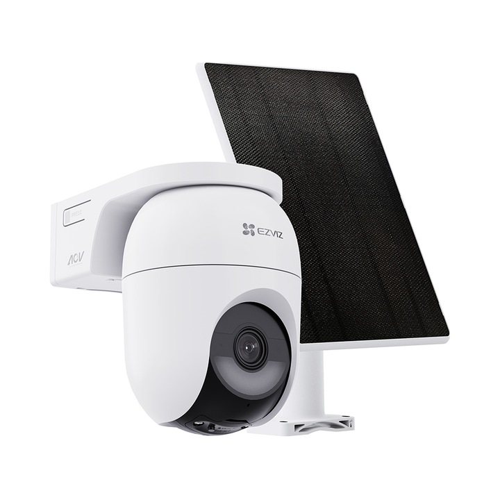 WiFi камера за наблюдение Ezviz CB8 Lite 2K+ соларен комплект, 4MPx, въртяща се на 340° с автоматично проследяване, USB-C соларен панел, IP65, Бяла, 1 бр.