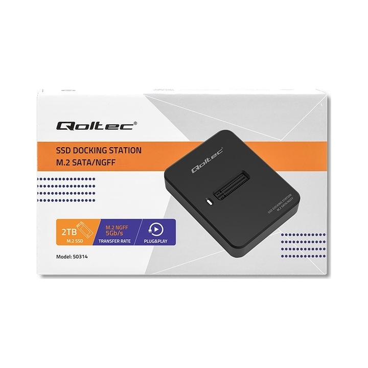 Qoltec 50314 M.2 SSD dokkolóállomás, USB-C 3.1 Gen1 5 Gb/s, M.2 SATA 2230/2242/2260/2280 kompatibilis, UASP, Fekete, 1x M.2, akár 2TB