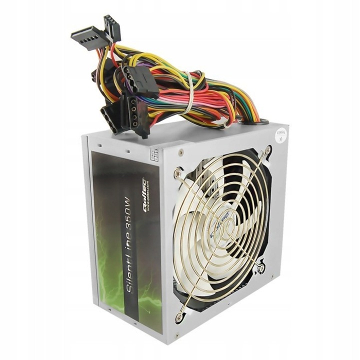 Sursa ATX Qoltec SilentLine 350W, sursa alimentare PC, ventilator 120mm, PFC pasiv, 20+4 pin, 3x SATA, 3x Molex, argintiu, 150x140x86 mm