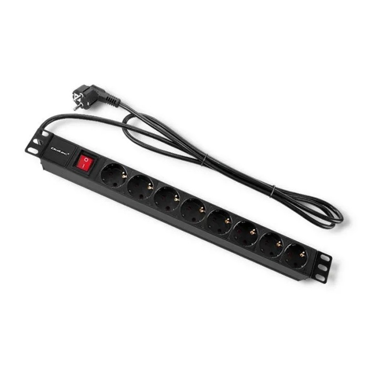 Разклонител PDU Qoltec за 19'' 1U рак, 16 A, 8 контакта Schuko, с осветен превключвател и 2 м кабел, Черен, 485x45x45 мм