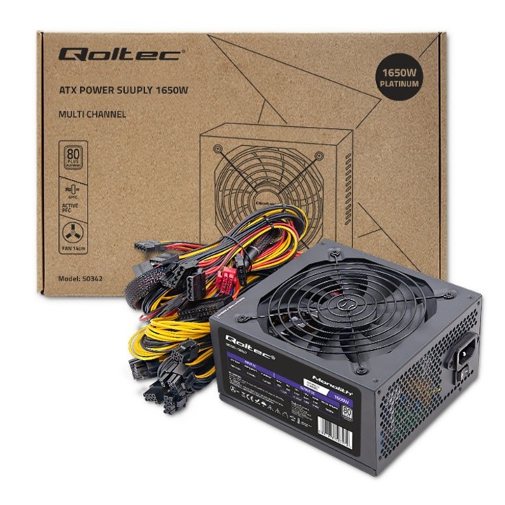 Sursa alimentare ATX Qoltec 50342 1650W 80 Plus Platinum, ventilator 140 mm, protectii OVP/OCP/OPP/SCP/OTP, Negru, 150 x 165 x 85 mm