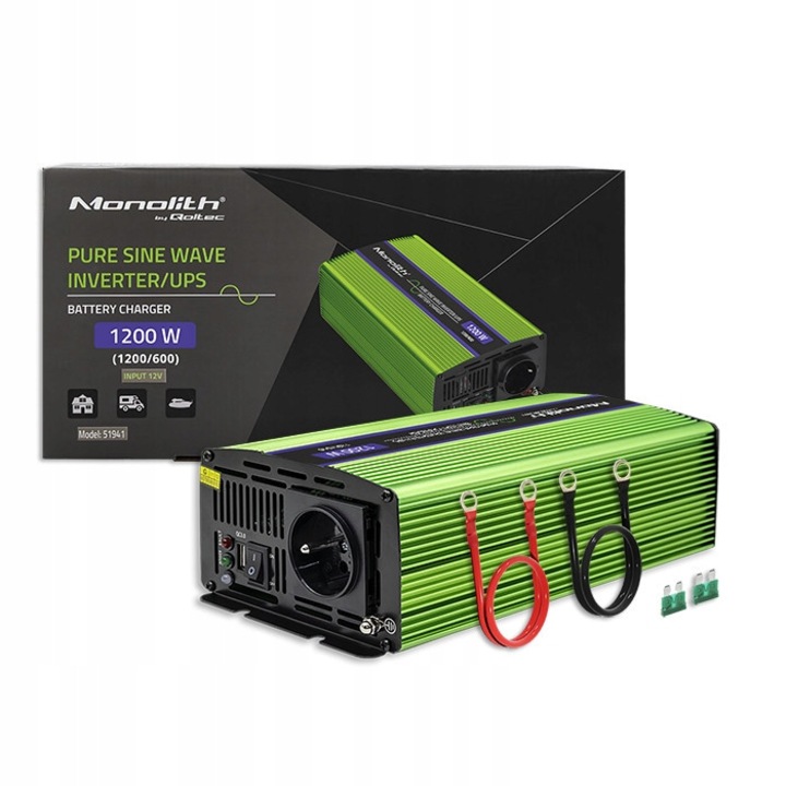 Инвертор/конвертор Qoltec Monolith 51941, 12V към 230V, чиста синусоида, зарядно за батерии, реална мощност 1200W, зелен, 1 бр