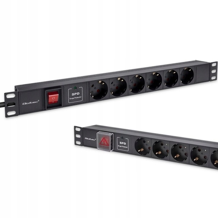 Qoltec 54601 PDU tápelosztó lista 19'' 1U rackhez, 16A, 6 x Schuko, 1.8m kábel, fekete