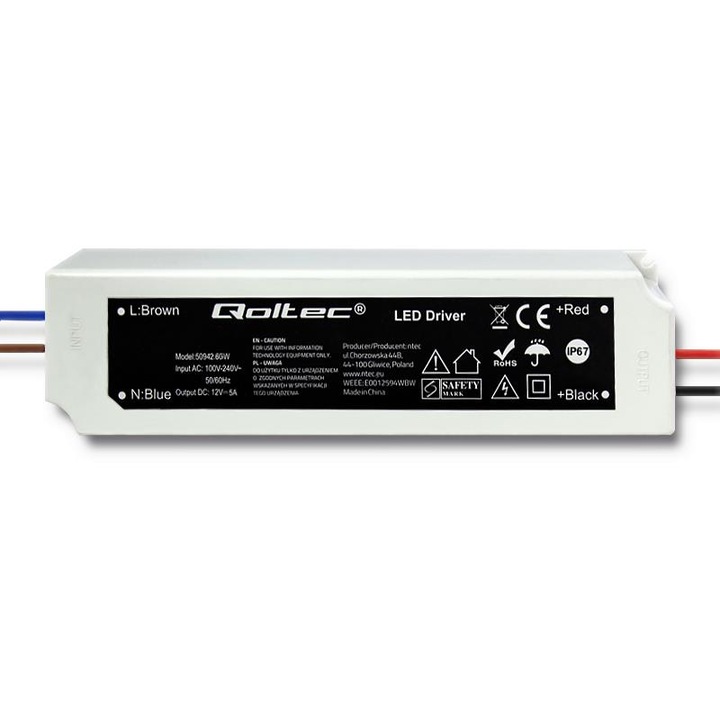 LED захранване / LED драйвер Qoltec 50942, 60W 12V 5A, IP67 водоустойчив, защита от претоварване/пренапрежение/късо съединение/прегряване, Бял, 43x165x32 мм