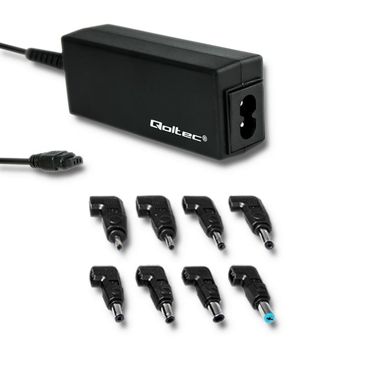 Qoltec univerzális hálózati adapter 45W, 8 cserélhető csatlakozó, 196 cm kábel, fekete, 1 darab