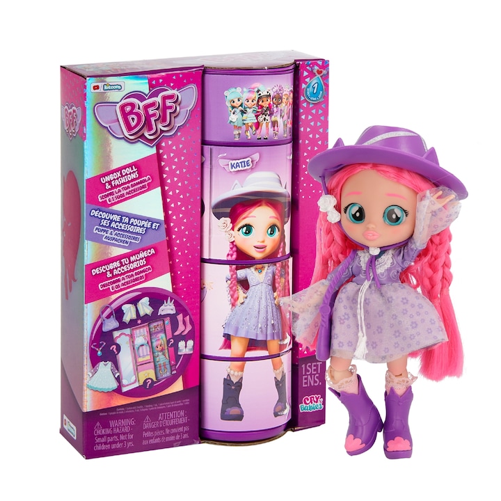 Кукла IMC Toys Cry Babies BFF Katie, 20 см, артикулирано тяло, 6 аксесоара, розов/лилав, 1 бр.