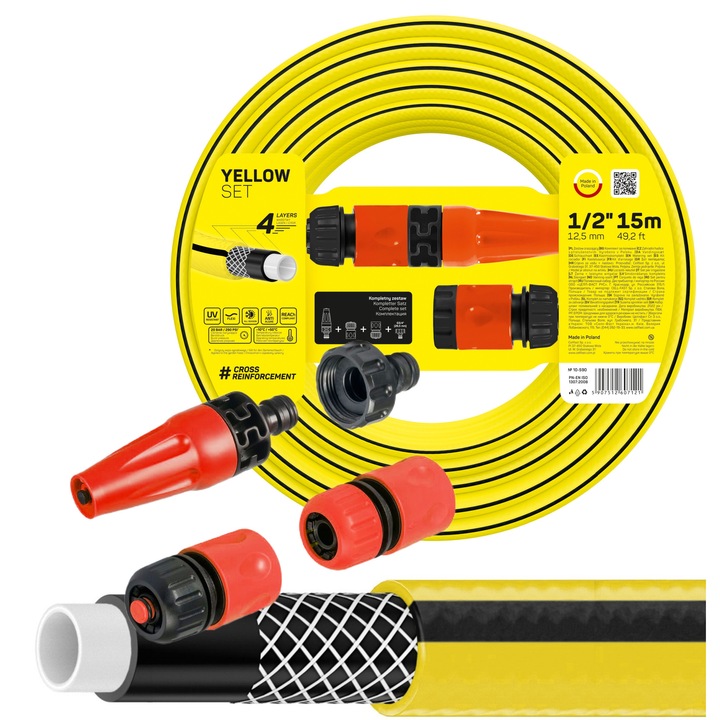 Cellfast YELLOW öntözőkészlet, 1/2" (12,5 mm) 4 rétegű kerti tömlő, állítható szórófej és csatlakozók, sárga, 15 m