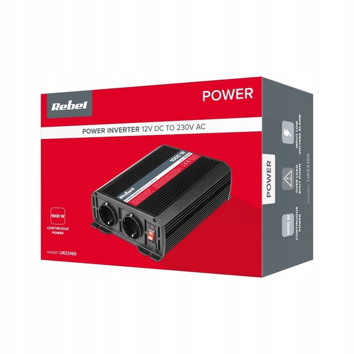 Rebel URZ3169 autós inverter 12V-ról 230V-ra, folyamatos teljesítmény 1000W, csúcsteljesítmény 2000W, módosított szinusz, 2 db 230V-os földelés nélküli aljzat, Fekete