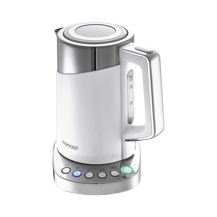 Fierbator electric/ceainic electric Concept RK3170, termostat reglabil 4 setari, functie mentinere temperatura, alb/inox, 1.7 l, 2200 W