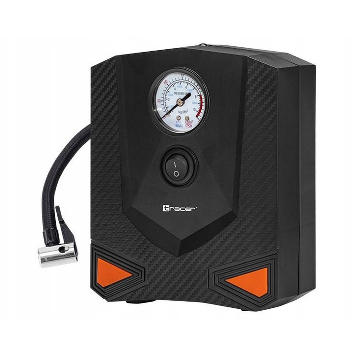 Compresor auto Tracer RES-03ML, 12V, 120W, max. 8 bar (150 PSI), 3 adaptoare, debit 15 l/min, indicator analogic de presiune, lanterna LED, cilindru metalic 17 mm, negru